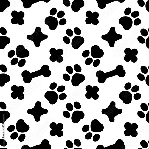 Black and white paw print and bone pattern silhouette isolated on transparent background