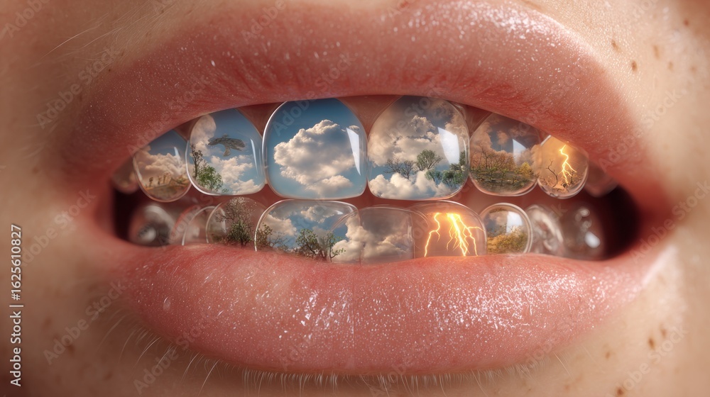 Obraz premium Surreal close-up of female mouth with tiny weather scenes on teeth