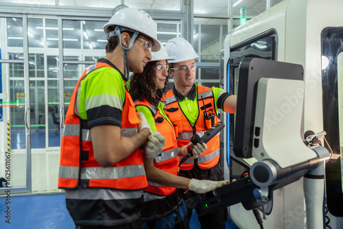 Three people wearing safety gear are standing in front of a computer monitor. Group of machinists in an on-the-job training session, learning to program and control an automated industrial machine.