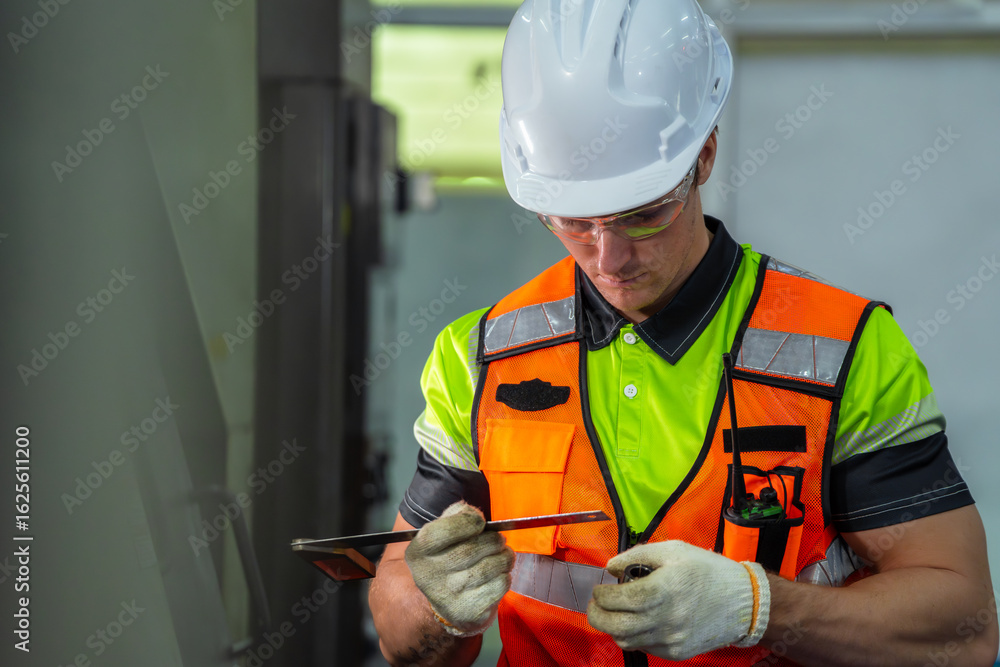 Fototapeta premium A man in a safety vest is writing on a clipboard. Professional engineer engaged in precision manufacturing, preparing tooling and programming an industrial machine in a factory workshop.