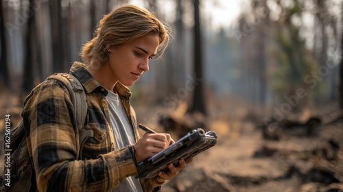 Junge Forscherin überwacht mit einer Drohne die Wiederaufforstung nach einem Waldbrand – Datenanalyse auf einem Tablet im verbrannten Waldgebiet
