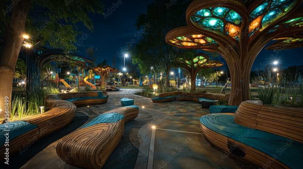Fototapeta premium Futuristic urban park at night with glowing tree structures and benches