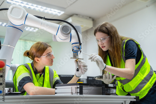 Fotografi Two women wearing safety gear are working on a robot