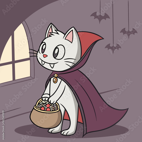 A cartoon cat dressed in a red cape holding a jack o lantern bucket filled with candy for halloween