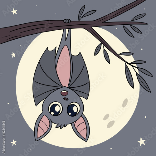 Cartoon bat hanging upside down from a branch in front of a full moon with stars around it at night