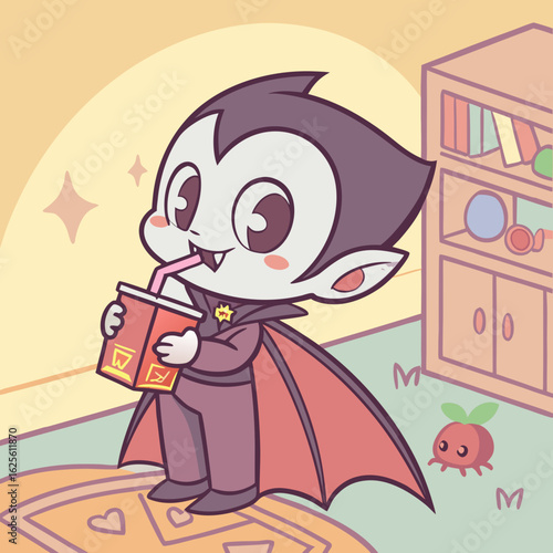 Cartoon vampire drinking juice box with straw in hallway with door and decorative wall art design