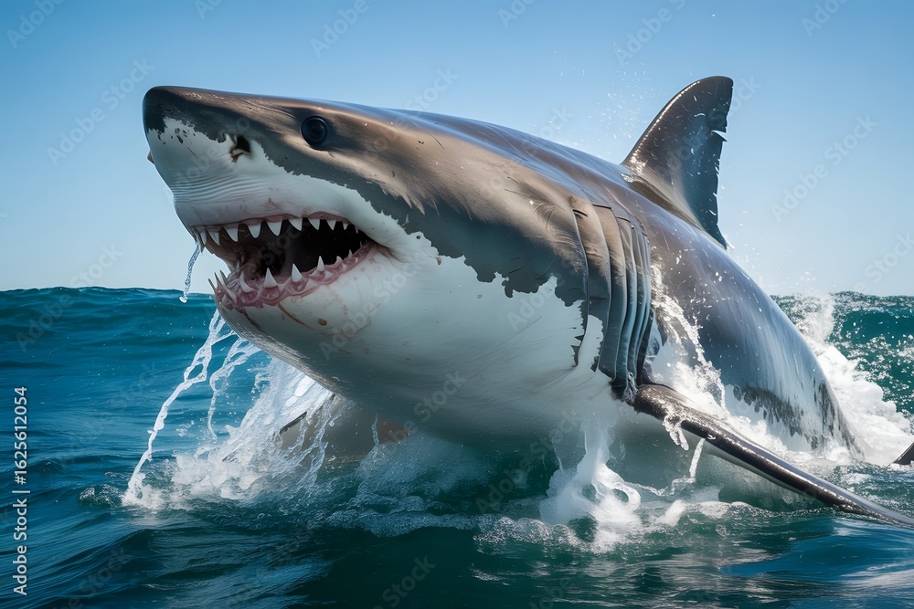 Naklejka premium Powerful great white shark breaches the ocean surface with jaws open and teeth bared