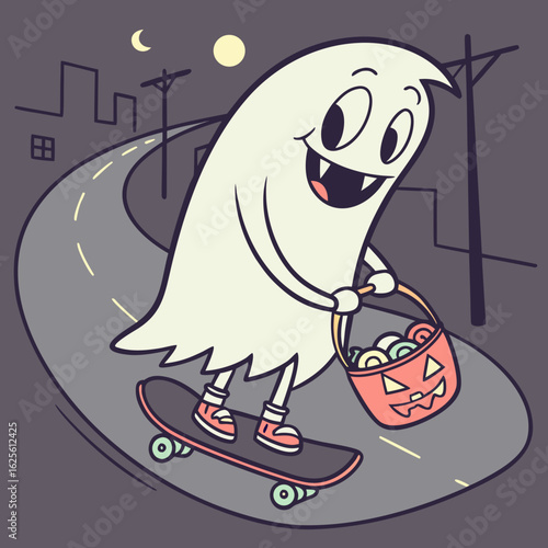 A cartoon ghost skateboarding down a road at night holding a jack o lantern bucket filled with candy