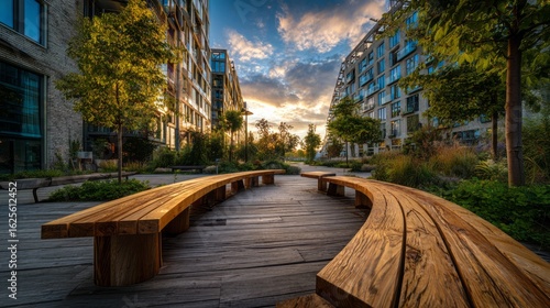 Moderne Stadtpromenade mit geschwungenen Holzsitzbänken und begrünten Gebäuden im warmen Abendlicht