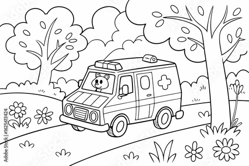 Vector Cartoon funny Animal Rescue Van, funny image in the forest, Coloring book page for children. Line Art isolated on white background
