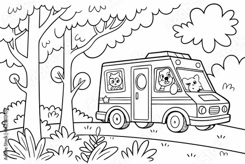 Vector Cartoon funny Animal Rescue Van, funny image in the forest, Coloring book page for children. Line Art isolated on white background