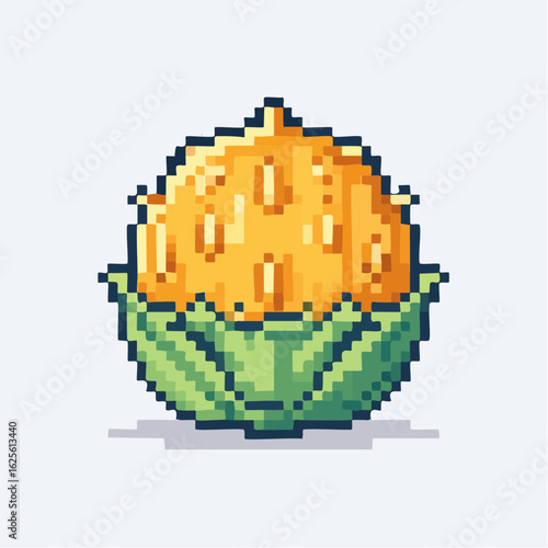 Pixelated depiction of an exotic horned melon fruit with spiky green rind and yellow pulp