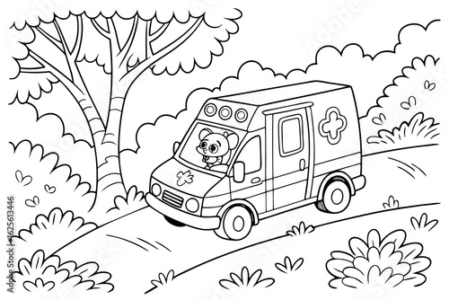 Vector Cartoon funny Animal Rescue Van, funny image in the forest, Coloring book page for children. Line Art isolated on white background