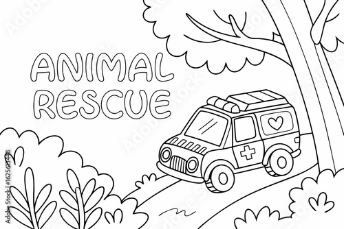 Vector Cartoon funny Animal Rescue Van, funny image in the forest, Coloring book page for children. Line Art isolated on white background