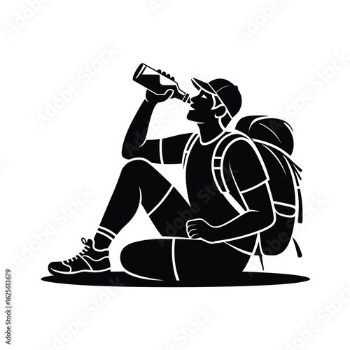 Silhouette of a hiker drinking water from a bottle isolated on white background