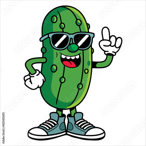 Vector illustration of cool pickle wearing sunglasses ideal for playful mascot designs, branding projects, and fun cartoon style graphics.