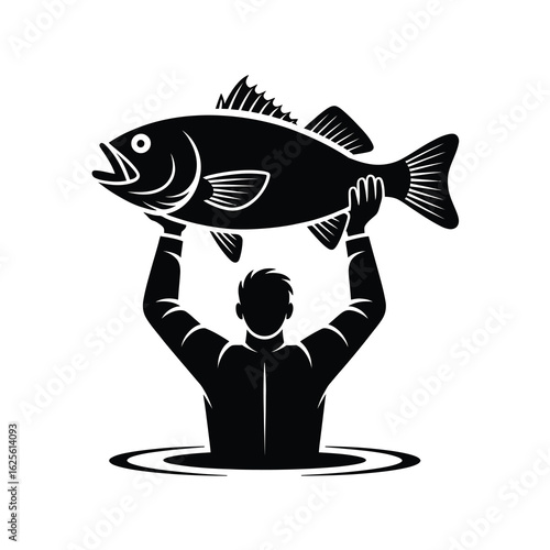 Fisherman holding up a large fish silhouette isolated on white background