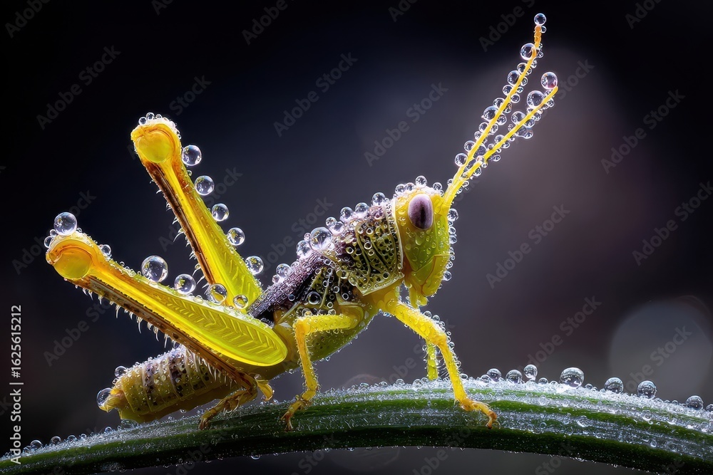 Fototapeta premium Vibrant Grasshopper Covered in Dew Drops