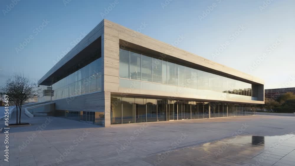 Modern minimalist concrete building with glass facade and open plaza
Modern minimalist concrete building with glass facade and open plaza