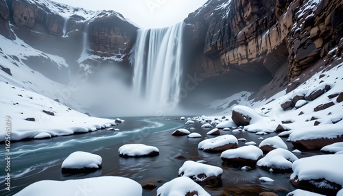 a breathtaking winter scene featuring a powerful waterfall cascading amidst a snow covered landscape