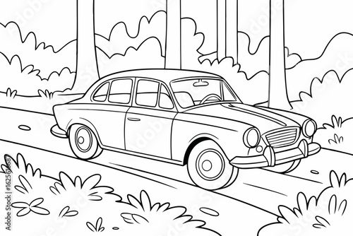 Vector Cartoon funny Classic Car, funny image in the forest, Coloring book page for children. Line Art isolated on white background