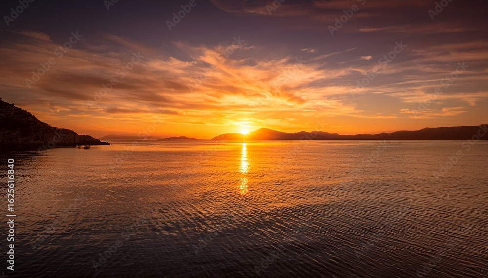 Naklejka premium a serene sunset over calm waters blending warm hues of orange and yellow