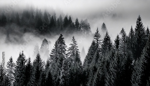 black and white photo of a misty forest with pine trees in the foggy mountains in a high contrast style