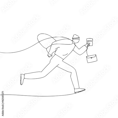 Line art running mailman delivery service outline drawing vector illustration postman character design concept