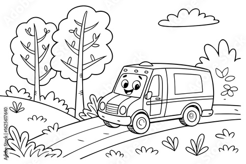 Vector Cartoon funny Delivery Van, funny image in the forest, Coloring book page for children. Line Art isolated on white background