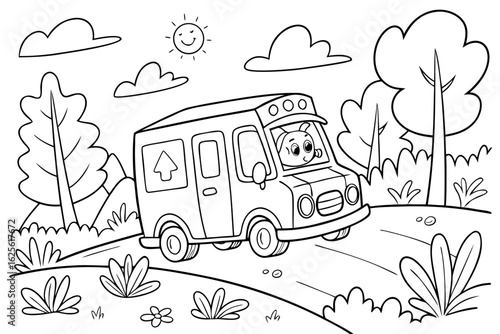 Vector Cartoon funny Delivery Van, funny image in the forest, Coloring book page for children. Line Art isolated on white background