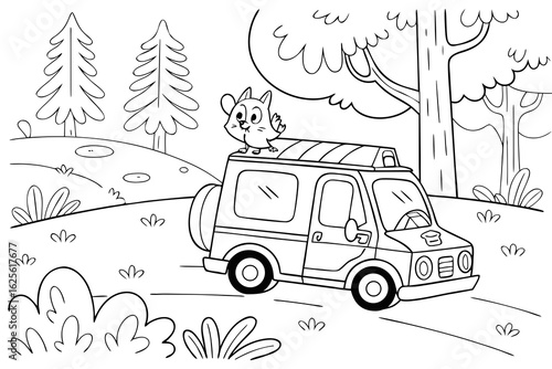 Vector Cartoon funny Delivery Van, funny image in the forest, Coloring book page for children. Line Art isolated on white background