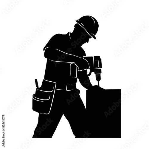 Silhouette of a construction worker drilling into a wooden block, focused on the task.