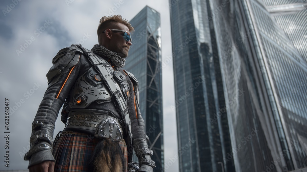Fototapeta premium Tech Warrior in Futuristic Armor and Scottish Kilt