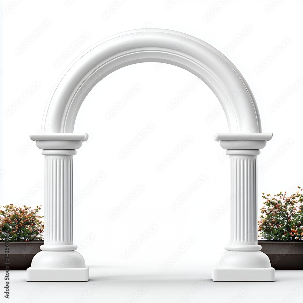 Fototapeta premium White Stone Arch with Classical Columns and Potted Plants