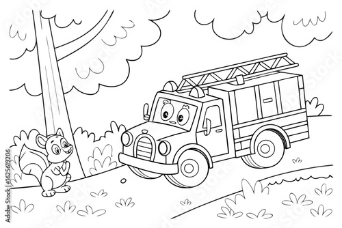 Vector Cartoon funny Fire Truck, funny image in the forest, Coloring book page for children. Line Art isolated on white background