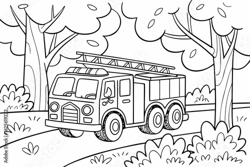 Vector Cartoon funny Fire Truck, funny image in the forest, Coloring book page for children. Line Art isolated on white background