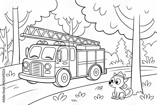 Vector Cartoon funny Fire Truck, funny image in the forest, Coloring book page for children. Line Art isolated on white background