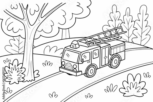 Vector Cartoon funny Fire Truck, funny image in the forest, Coloring book page for children. Line Art isolated on white background