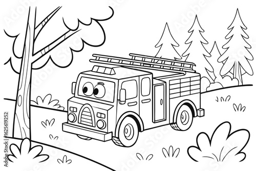 Vector Cartoon funny Fire Truck, funny image in the forest, Coloring book page for children. Line Art isolated on white background