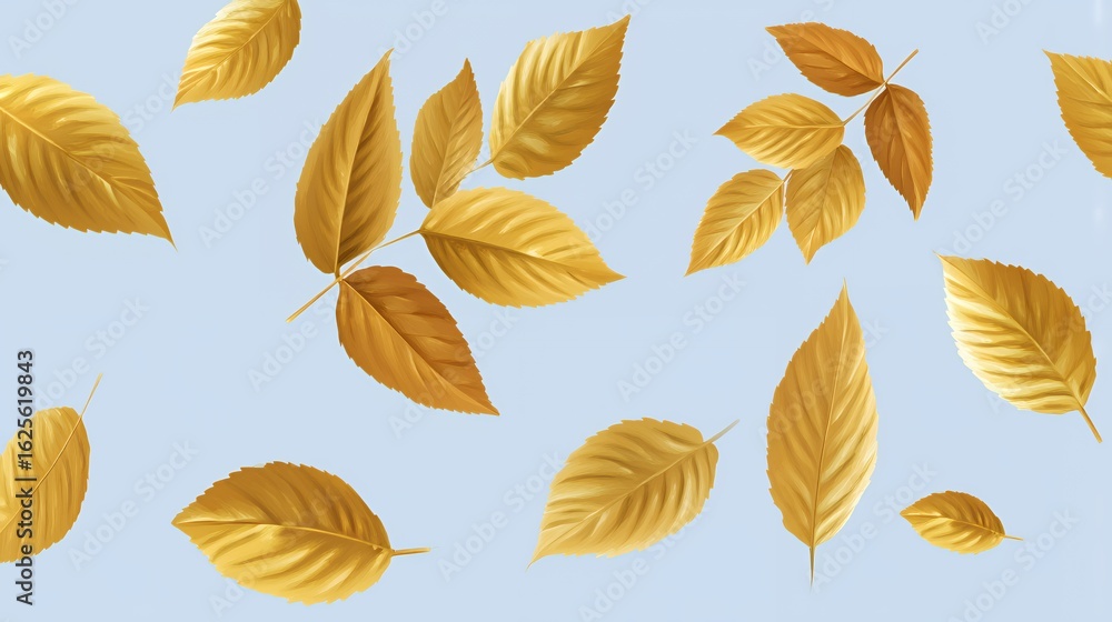 Obraz premium Golden Leaves Falling on a Light Blue Background