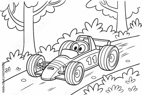 Vector Cartoon funny Formula Car, funny image in the forest, Coloring book page for children. Line Art isolated on white background