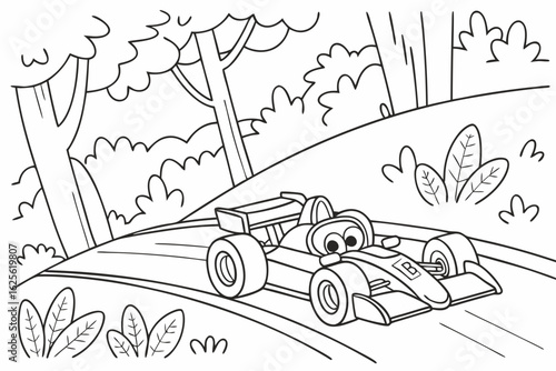 Vector Cartoon funny Formula Car, funny image in the forest, Coloring book page for children. Line Art isolated on white background