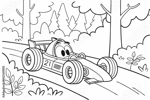 Vector Cartoon funny Formula Car, funny image in the forest, Coloring book page for children. Line Art isolated on white background