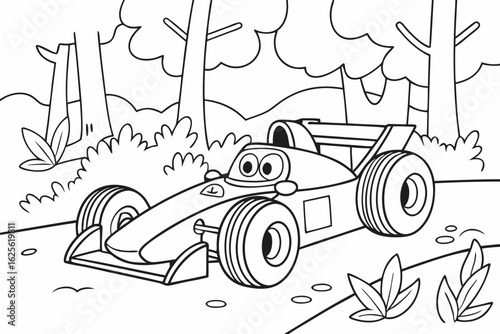 Vector Cartoon funny Formula Car, funny image in the forest, Coloring book page for children. Line Art isolated on white background