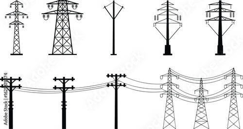 Electric power poles and transmission towers, utility line infrastructure elements, energy grid system silhouette set, cad drawing flat vector illustration