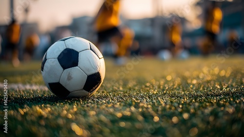 Close-up of a soccer ball rolling on green grass during a match.