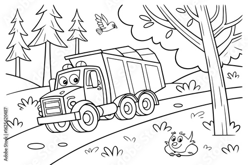 Vector Cartoon funny Garbage Truck, funny image in the forest, Coloring book page for children. Line Art isolated on white background