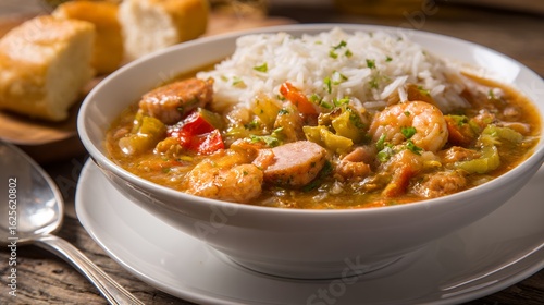Spicy Jambalaya with Shrimp and Sausage in a White Bowl