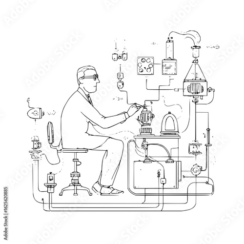 Scientist experiment research laboratory science technology engineering man equipment machine inventor 100 char
