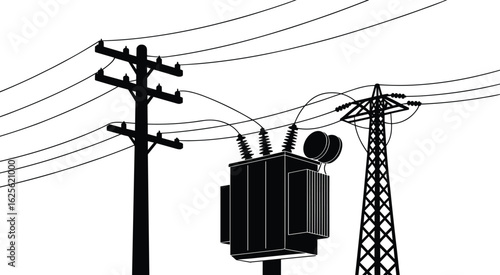 Electric power transformer with utility pole and transmission tower, black and white vector silhouette, cad drawing flat vector illustration design